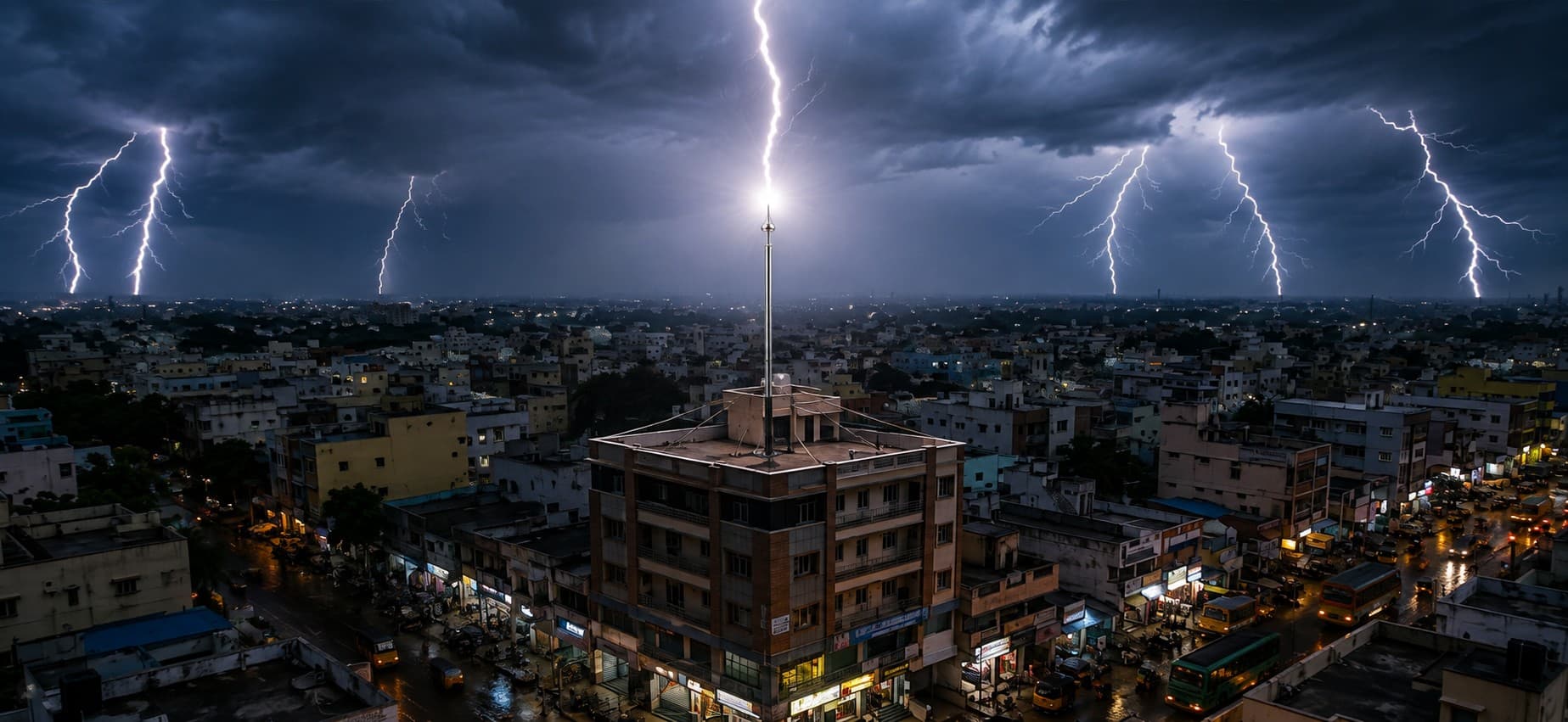 Lightning storm over a city with a lightning arrester installed on a rooftop