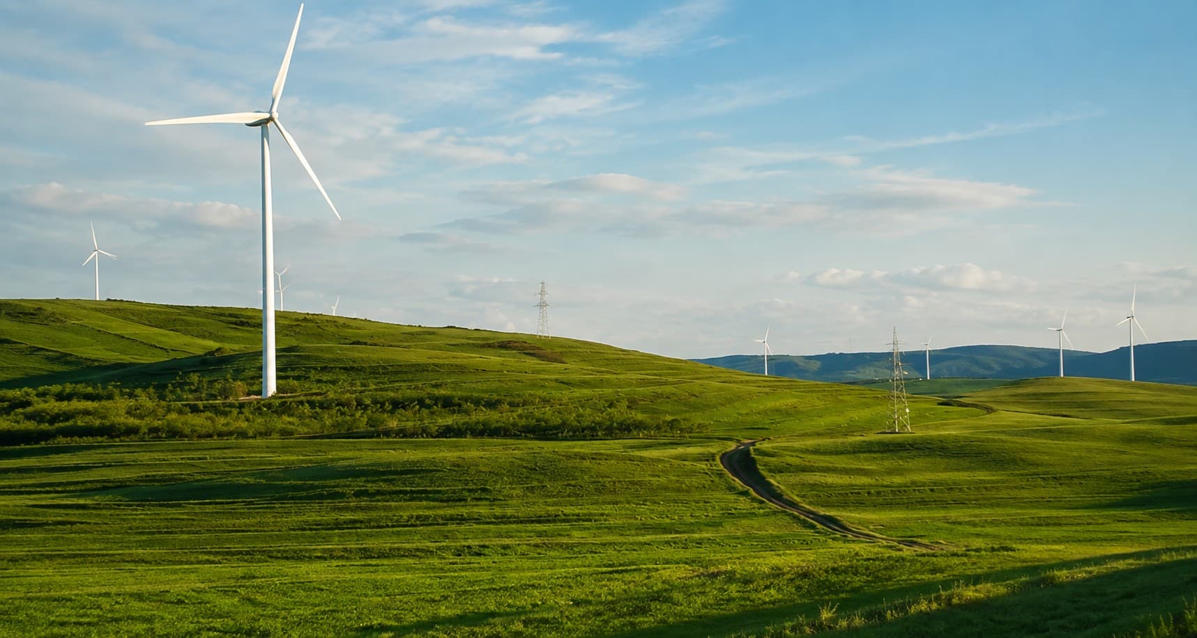 Wind turbines on green rolling hills under a blue sky